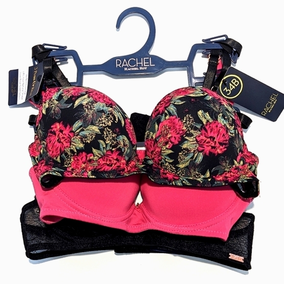 NWT RACHEL Roy 3 Pack Push Up Bra Set Pink Black Floral Size 34B Bundle - Picture 1 of 8